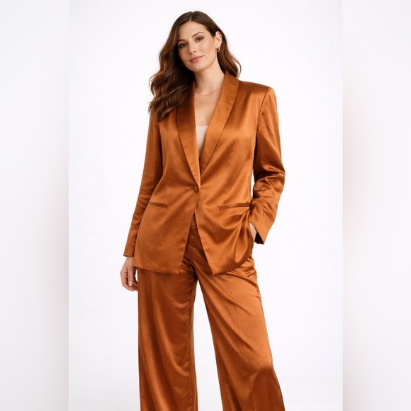 Drew Cinnamon Satin Blazer L & Wide Leg Pants M Set